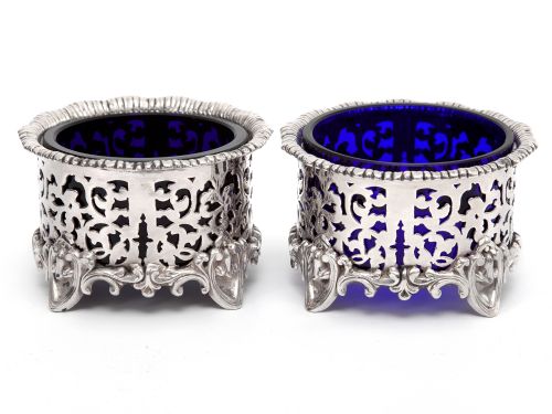 pair of elkington co silver plated salts with blue glass liners - CATEGORY: ANTIQUE SILVER - DATED 1880
