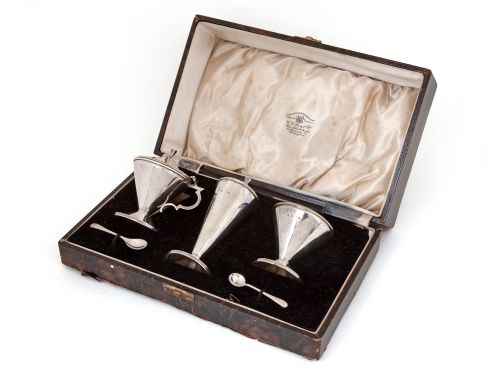 boxed silver 3 pc condiment set with trumpet shaped bodies - CATEGORY: ANTIQUE SILVER - DATED 1930