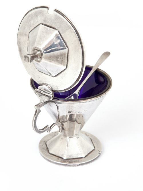 BOXED SILVER 3 PC CONDIMENT SET WITH TRUMPET SHAPED BODIES - ADDITIONAL PHOTO 1