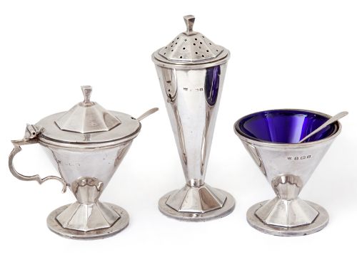 BOXED SILVER 3 PC CONDIMENT SET WITH TRUMPET SHAPED BODIES - ADDITIONAL PHOTO 6