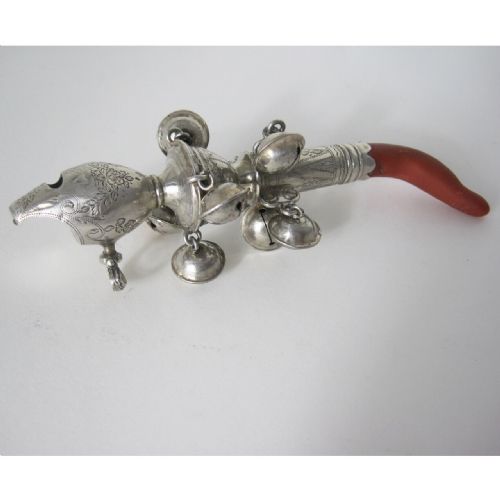 george iii peter ann bateman silver childs rattle with coral teething stick - CATEGORY: ANTIQUE SILVER - DATED 1750