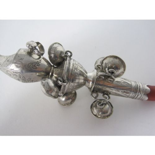 GEORGE III PETER ANN BATEMAN SILVER CHILDS RATTLE WITH CORAL TEETHING STICK - ADDITIONAL PHOTO 1