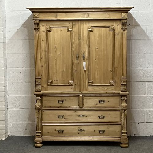 Large Dutch Antique Pine Bomb Base Linen Press C.1900