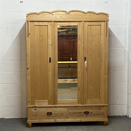 East German Late 1920'S Triple Pine Wardrobe with Mirrored Door (Dismantles)