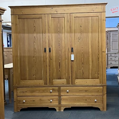 Extremely Large East German Triple Antique Pine Wardrobe with 4 Drawers (Dismantles)