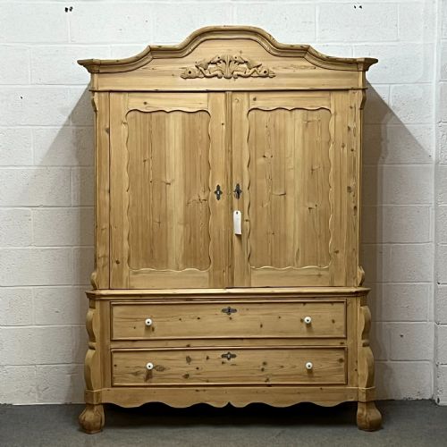 Large Very Old Dutch Pine Linen Press with 2 Drawers