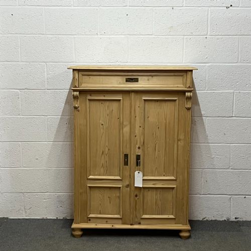 Tall Slim Antique Pine 2 Door Cupboard with Top Drawer