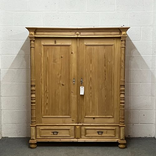Small Double Antique Pine Wardrobe with 2 Bottom Drawers