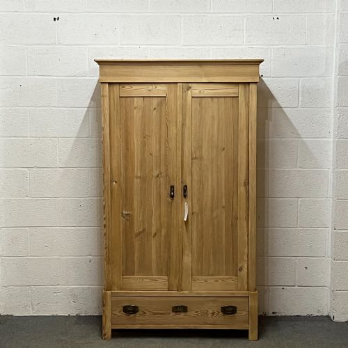 Small 2 Door Antique Pine Wardrobe with Bottom Drawer