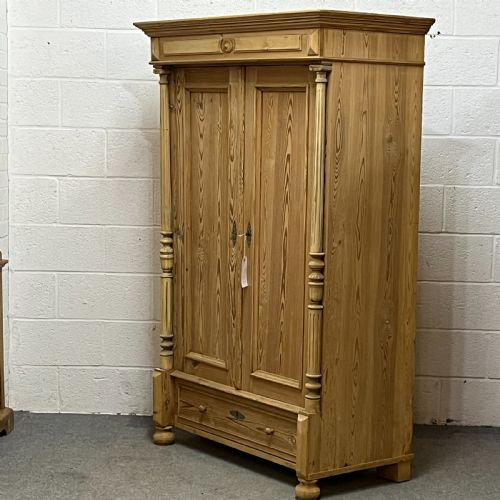 fig 1. Small Old Pine 2 Door Wardrobe With Columns And Bottom Drawer