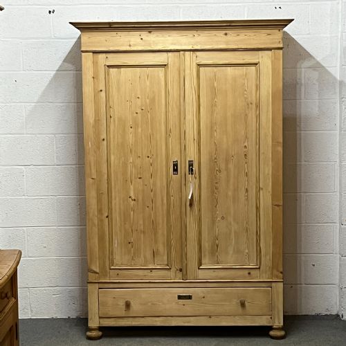 Tall Double Antique Pine Wardrobe with Bottom Drawer (Dismantles)
