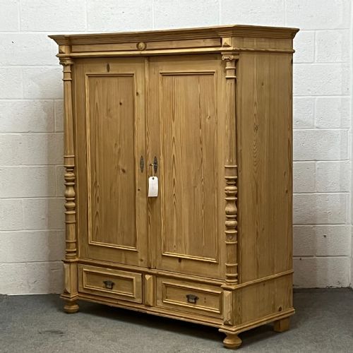 fig 1. Small Double Antique Pine Wardrobe With 2 Bottom Drawers (Separates Into 2 For Delivery)