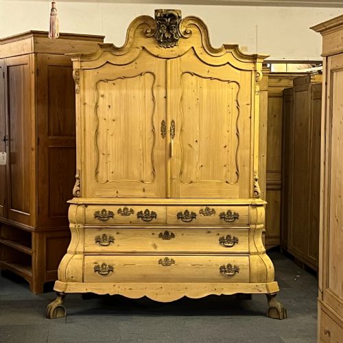 Large Very Old Pine Bombe Base Linen Press