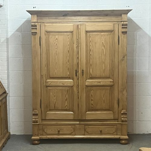 Large Waxed Antique Pine Double Wardrobe 2 Bottom Drawers (Dismantles)