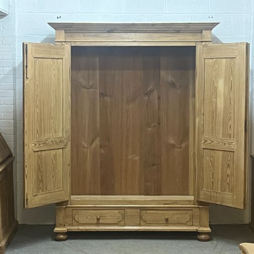 fig 1. Large Waxed Antique Pine Double Wardrobe 2 Bottom Drawers (Dismantles)