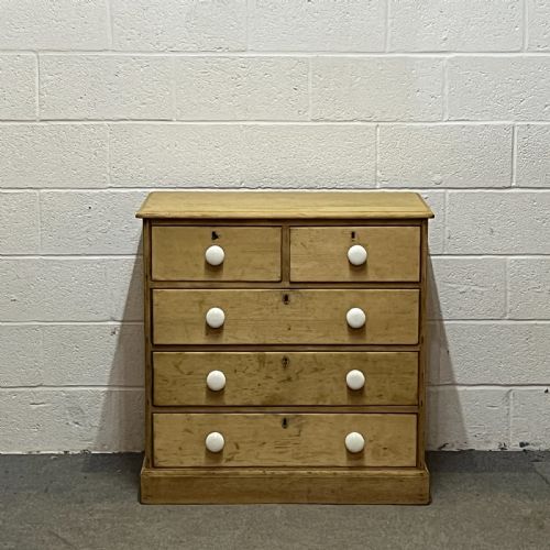 Small Early Victorian Pine 2 Over 3 Chest of Drawers with Porcelain Knobs