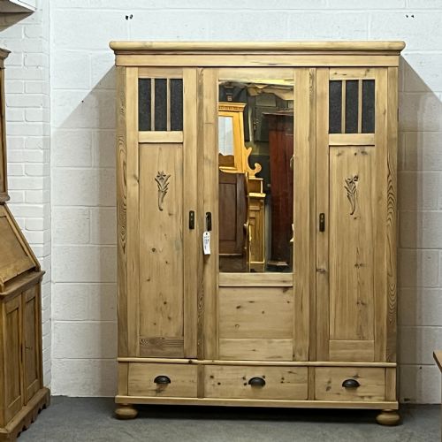 1930’S East German Partly Glazed Triple Pine Wardrobe (Dismantles)