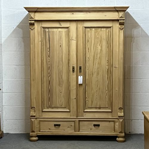 Double Antique Pine Wardrobe with Bottom Drawers (Dismantles)