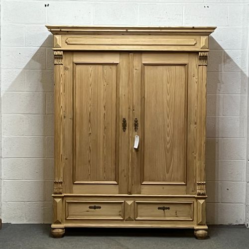 Handsome Antique Pine Double Wardrobe with Bottom Drawers (Dismantles)