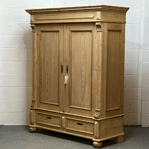 fig 1. Handsome Antique Pine Double Wardrobe With Bottom Drawers (Dismantles)