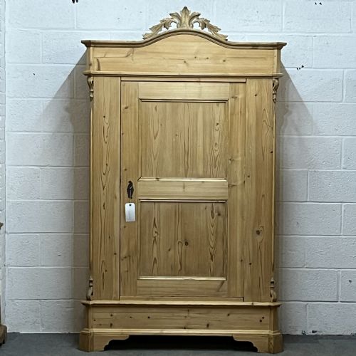 Antique Pine Wardrobe with Single Door and Ornate Crown