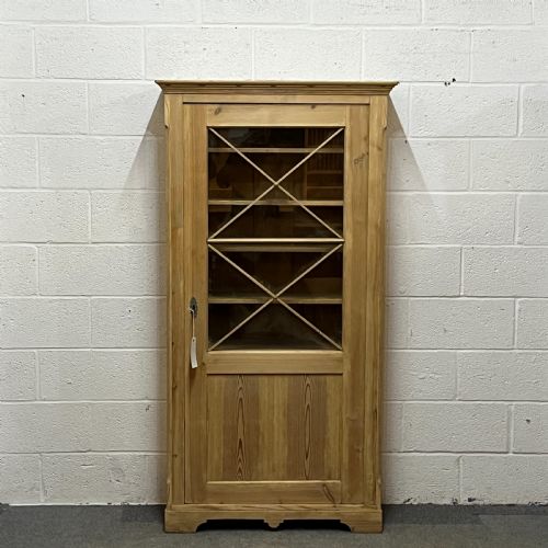Tall, Slender Old Pine Cupboard with Glazed Door