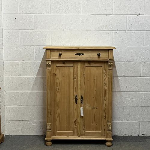 Tall Slim Antique Pine 2 Door Cupboard with Top Drawer
