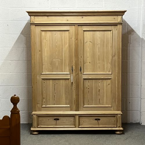 Large Antique Pine Double Wardrobe with Bottom Drawers (Dismantles)