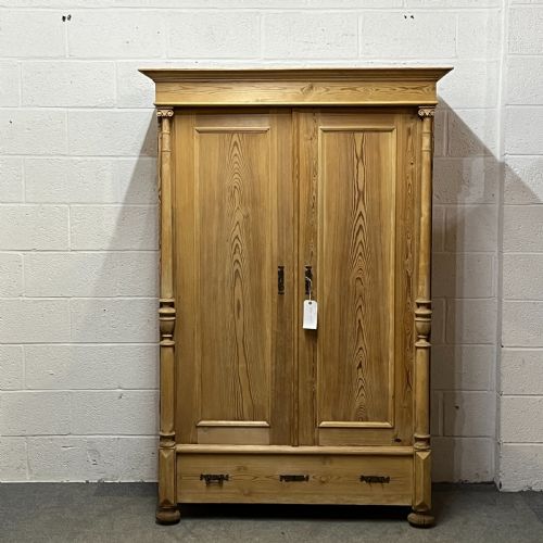 Small Antique Pine Double Wardrobe with Bottom Drawer