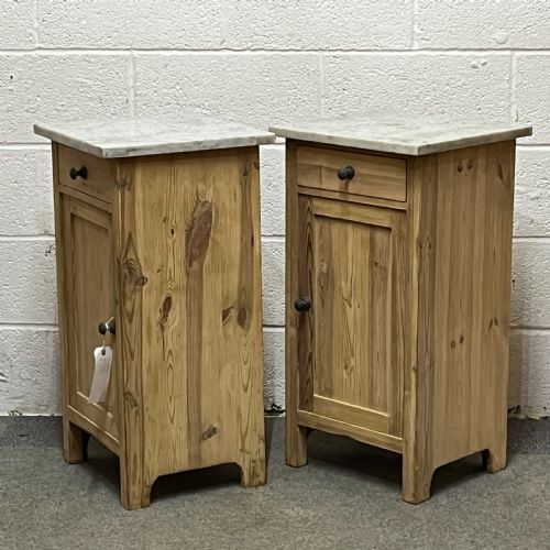 fig 1. Pair Of Marble Top Antique Pine Bedside Cupboards