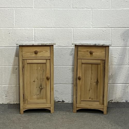 Pair of Marble Top Antique Pine Bedside Cupboards