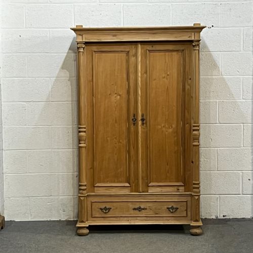 fig 1. Small Column Antique Pine Double Wardrobe With Bottom Drawer