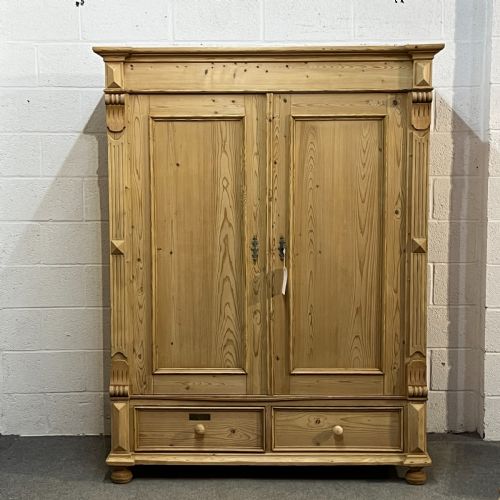 Large Antique Pine Double Wardrobe with Drawers