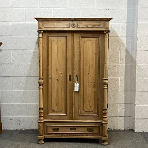 Small Antique Pine 2 Door Wardrobe with Bottom Drawer