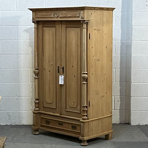 fig 1. Small Antique Pine 2 Door Wardrobe With Bottom Drawer