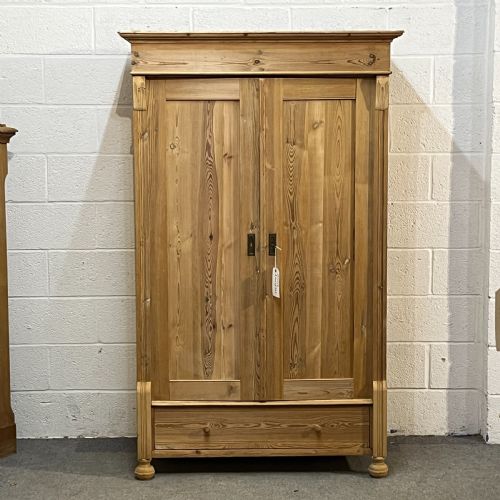 SMALL 2 DOOR ANTIQUE PINE WARDROBE WITH BOTTOM DRAWER