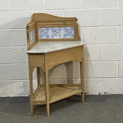 Victorian Pine Corner Washstand with Marble Top and Original Tiles