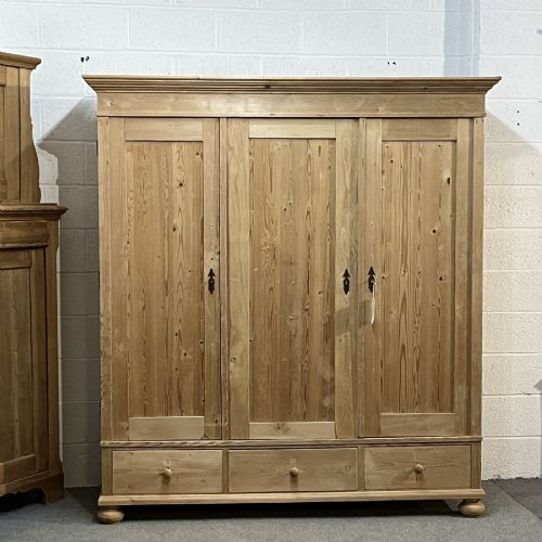 Large Triple 1930s Pine Wardrobe with Bottom Drawers