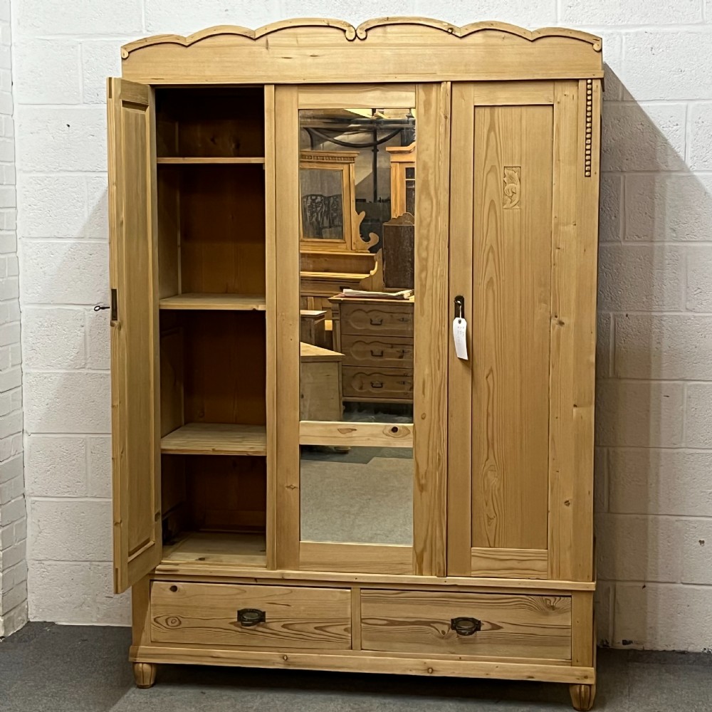 East German Late 1920's Triple Pine Wardrobe With Mirrored Door (Dismantles) View IV
