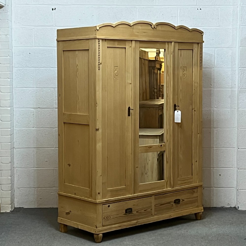 East German Late 1920's Triple Pine Wardrobe With Mirrored Door (Dismantles) View V