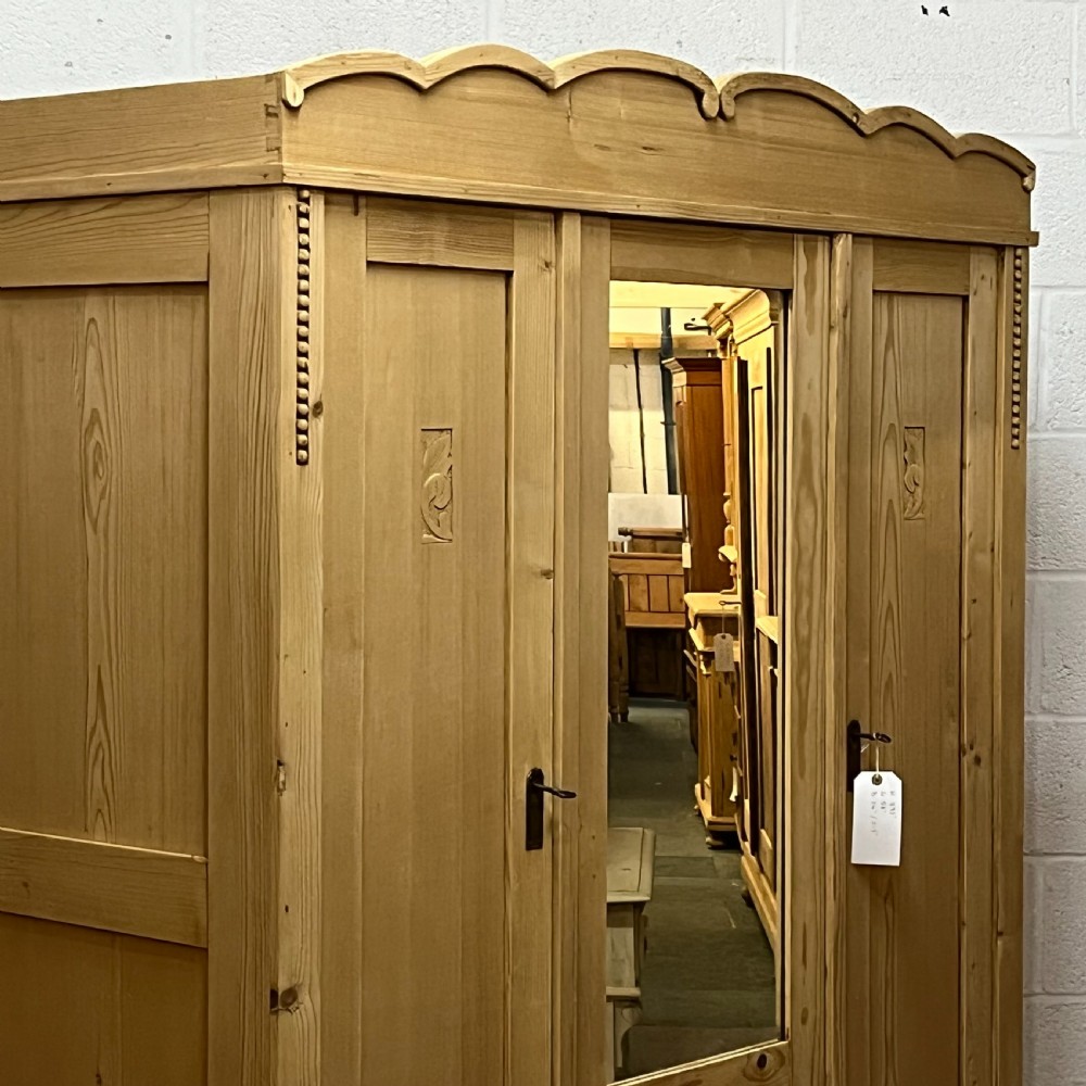 East German Late 1920's Triple Pine Wardrobe With Mirrored Door (Dismantles) View VI