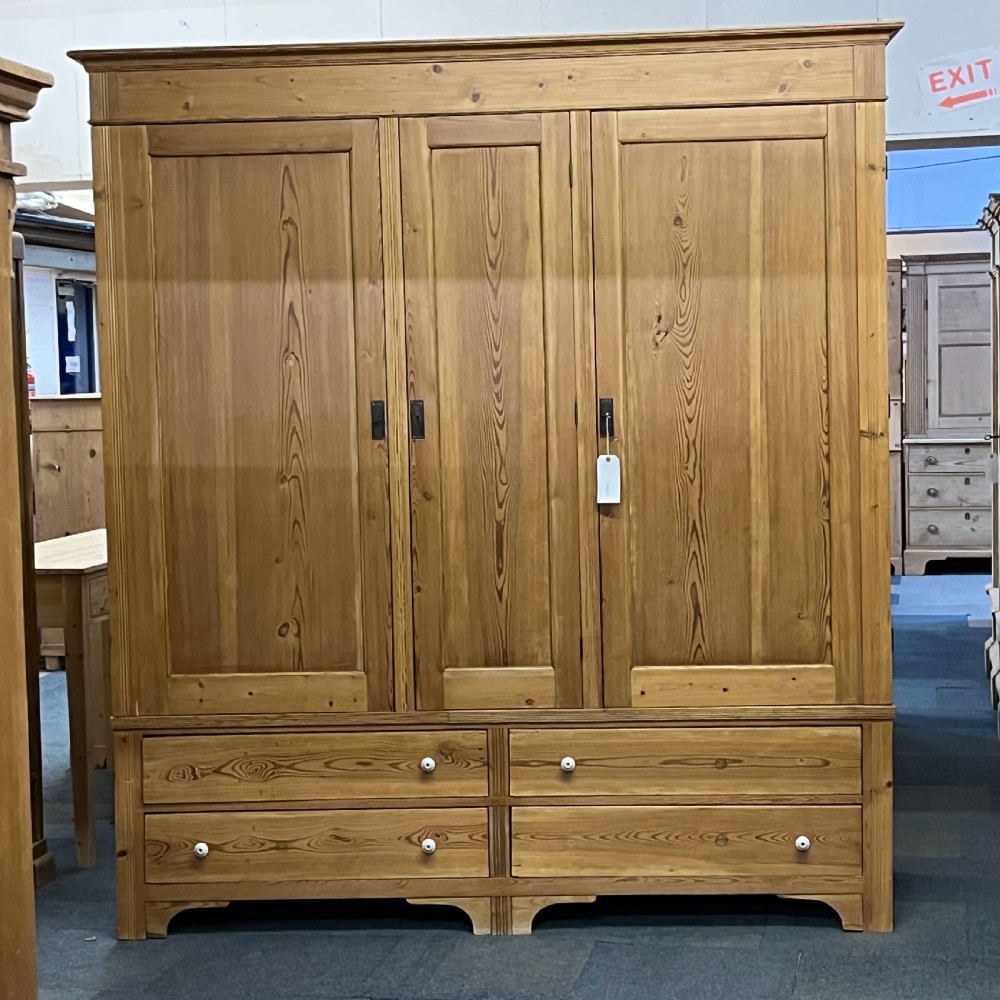 Extremely Large East German Triple Antique Pine Wardrobe With 4 Drawers (Dismantles)