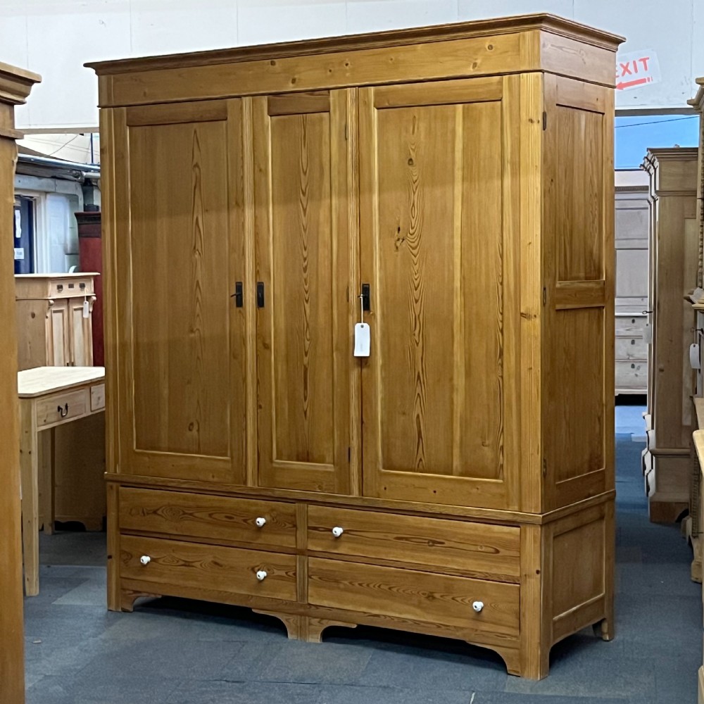 Extremely Large East German Triple Antique Pine Wardrobe With 4 Drawers (Dismantles) View III