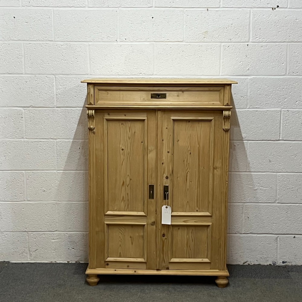 Tall Slim Antique Pine 2 Door Cupboard With Top Drawer 