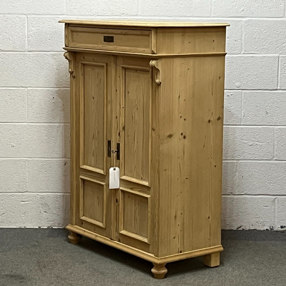 Tall Slim Antique Pine 2 Door Cupboard With Top Drawer  View II