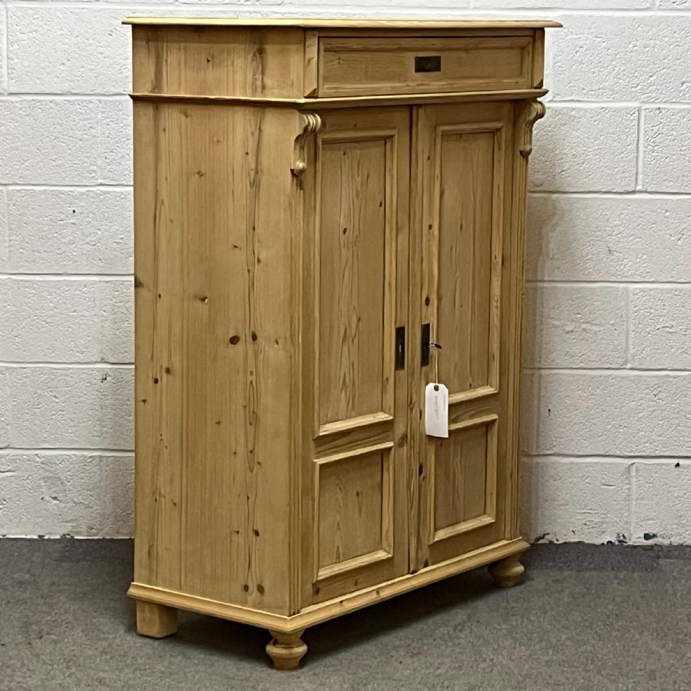 Tall Slim Antique Pine 2 Door Cupboard With Top Drawer  View III