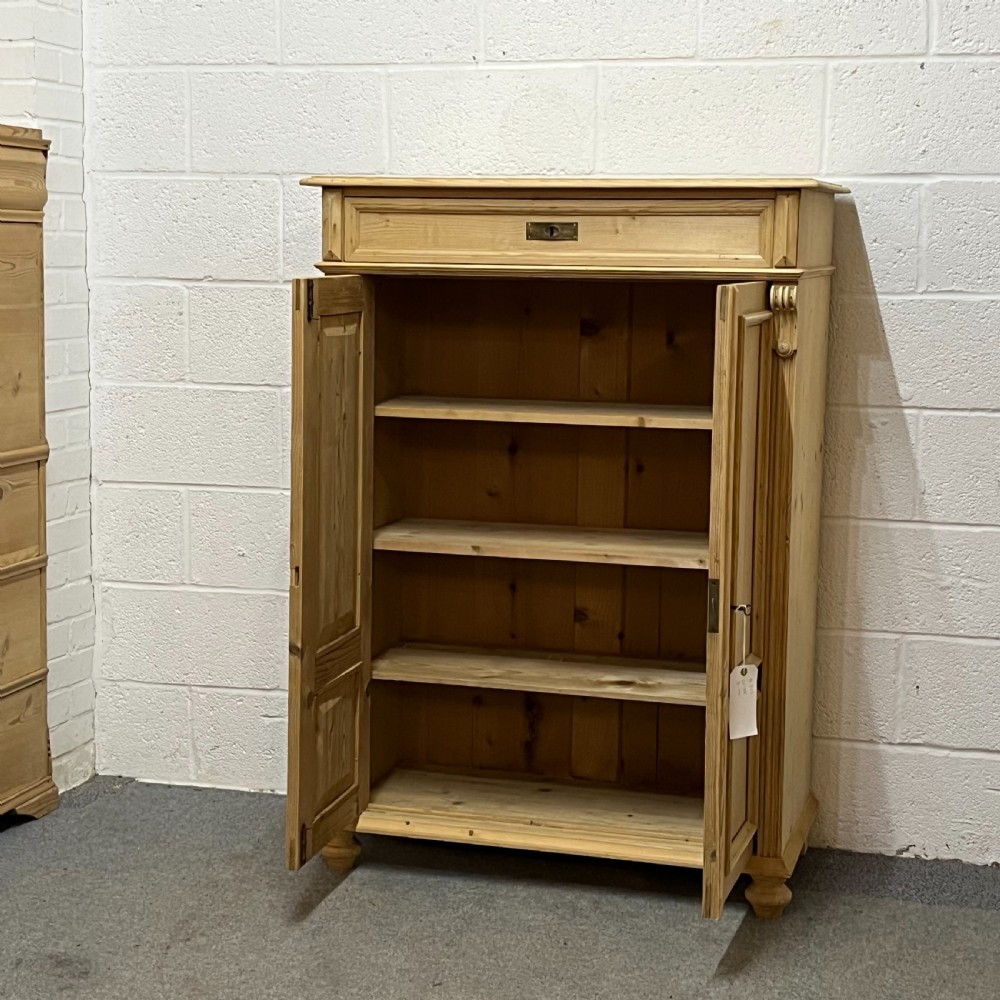 Tall Slim Antique Pine 2 Door Cupboard With Top Drawer  View IV