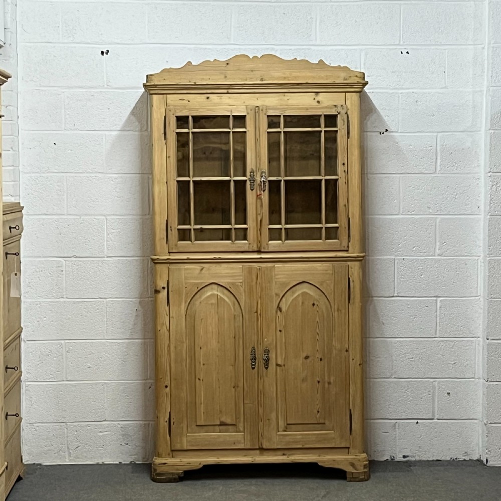 Very Old Tall Slim Pine Partly Glazed Cupboard Cabinet