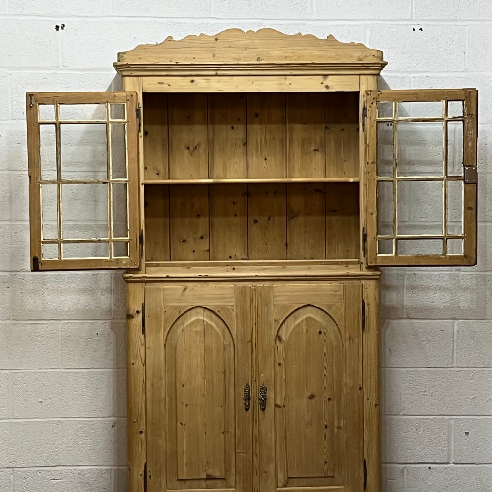 Very Old Tall Slim Pine Partly Glazed Cupboard Cabinet View II