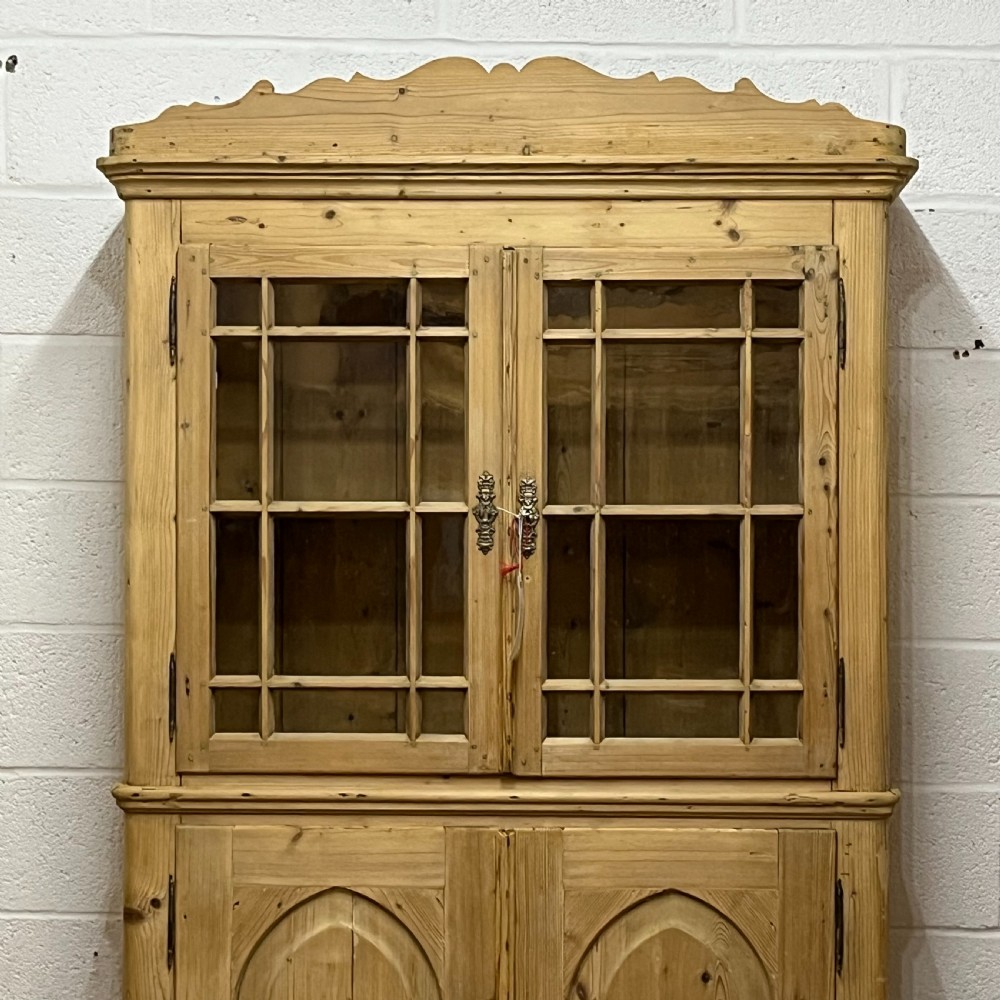 Very Old Tall Slim Pine Partly Glazed Cupboard Cabinet View IV